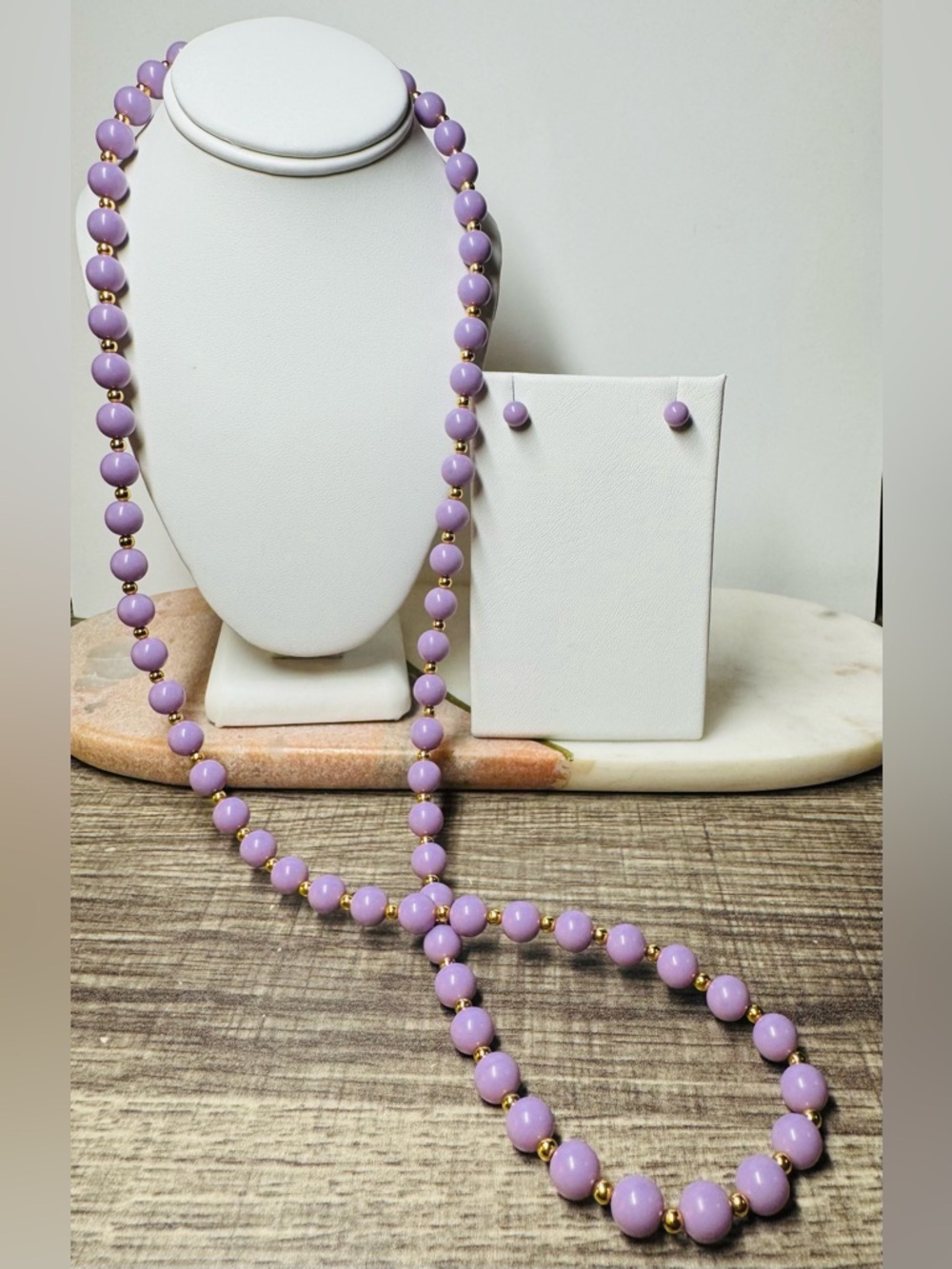 Vintage Monet Lavender Bead Necklace & Stud Earrings Set Gold Tone